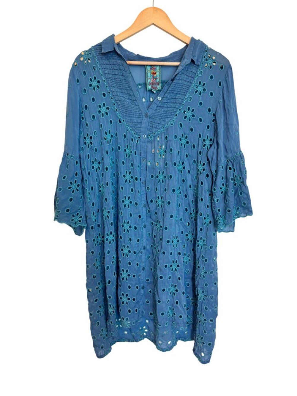 NEW Johnny Was Isabelle Blue Eyelet Floral Embroidered Tunic Top Bell Sleeves Lg